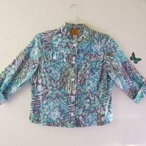 Ruby Rd. Cotton Blend Blue Teal Brown Metallic Sheen Animal Print Blouse Size 16